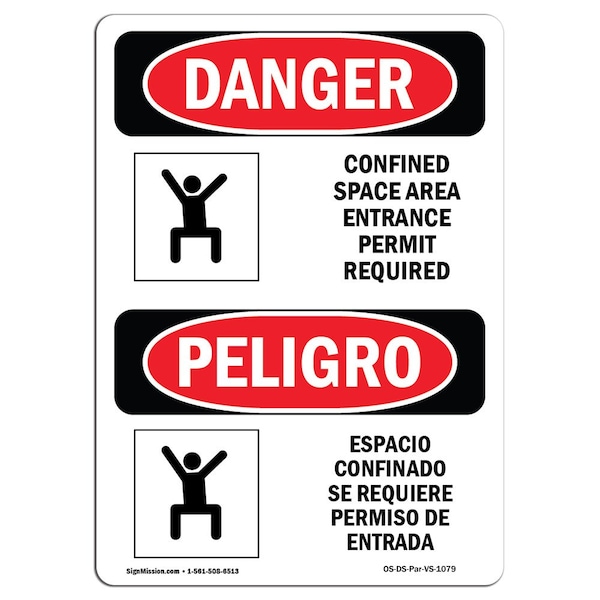 OSHA, Confined Space Permit Required Bilingual, 18in X 12in Rigid Plastic, OS-DS-P-1218-VS-1079